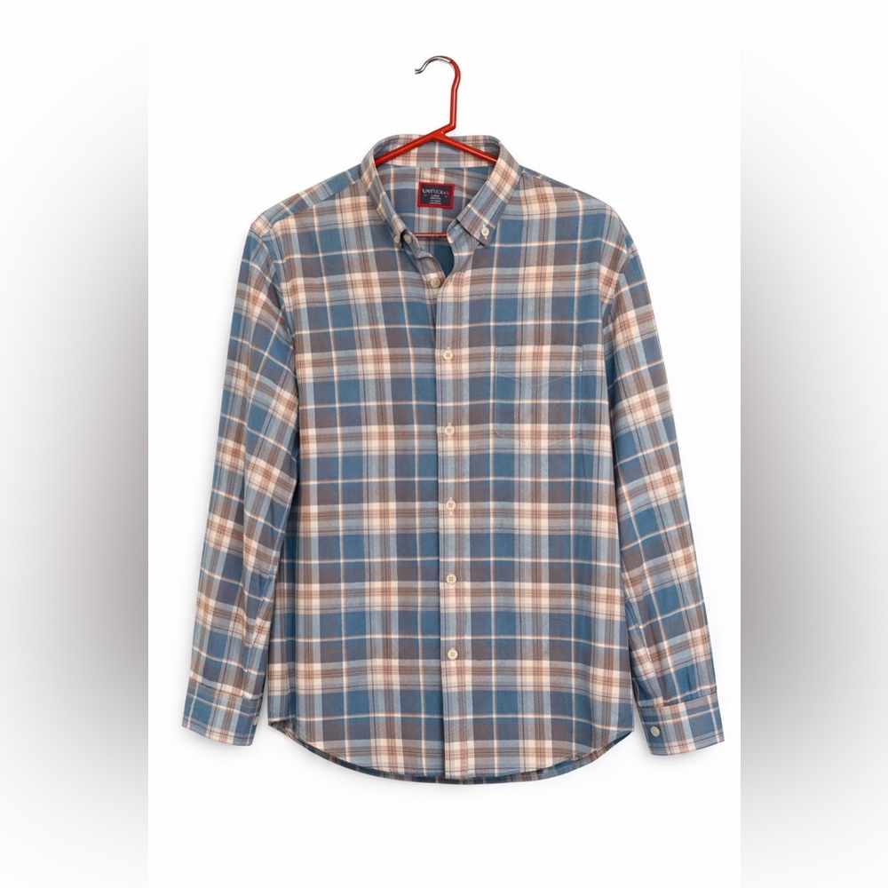 UNTUCKit Men’s Plaid Button-Down Shirt Size Large Blue Tan Excellent Condition